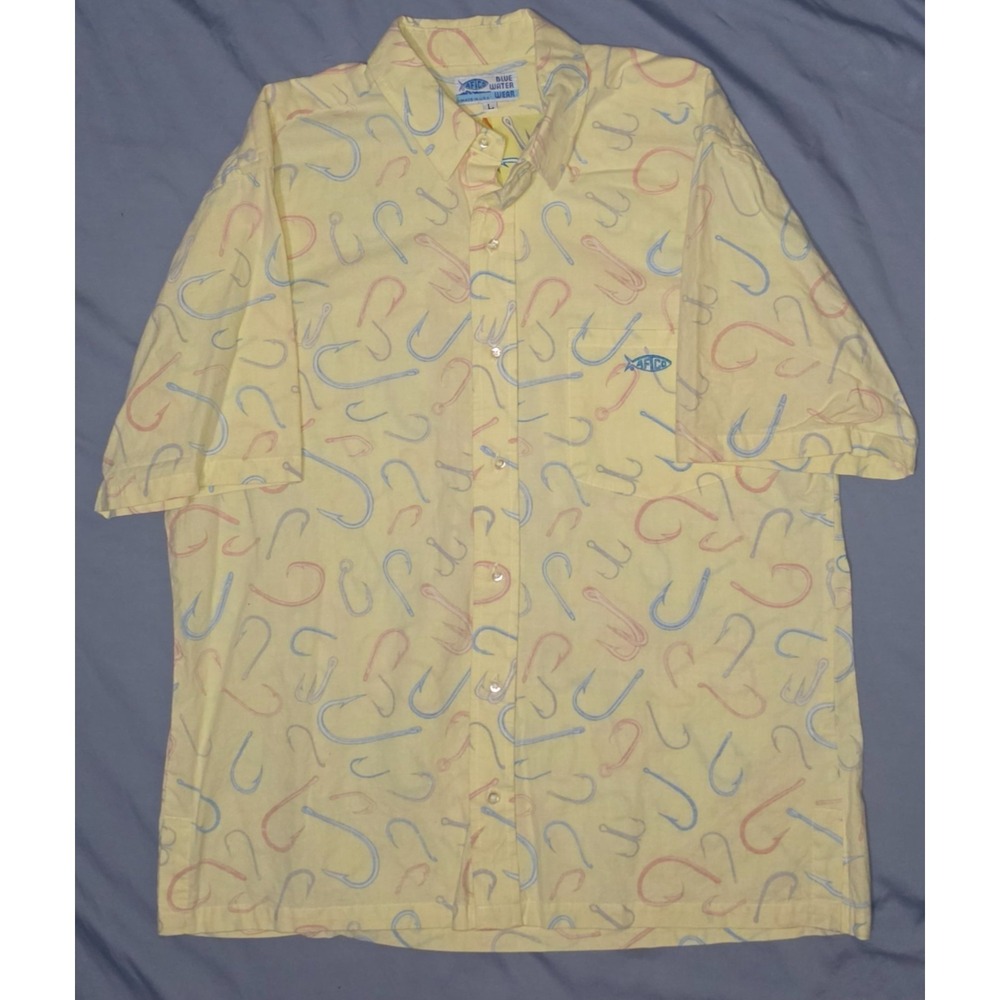 AFTCO Blue Water Reversable Button Up Size Large Yellow Fishing Hook USA